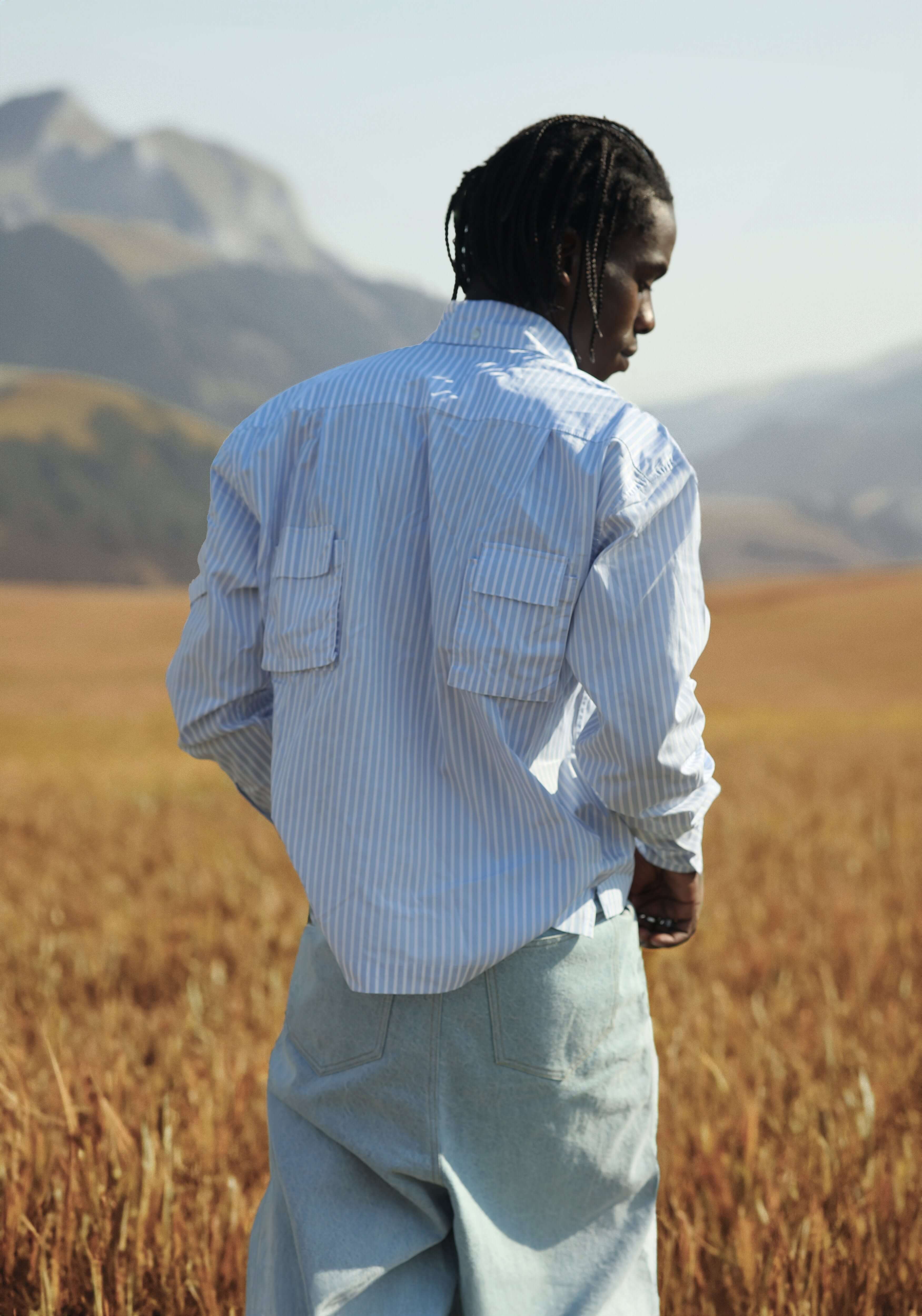 Indigo inverted pockets striped shirt
