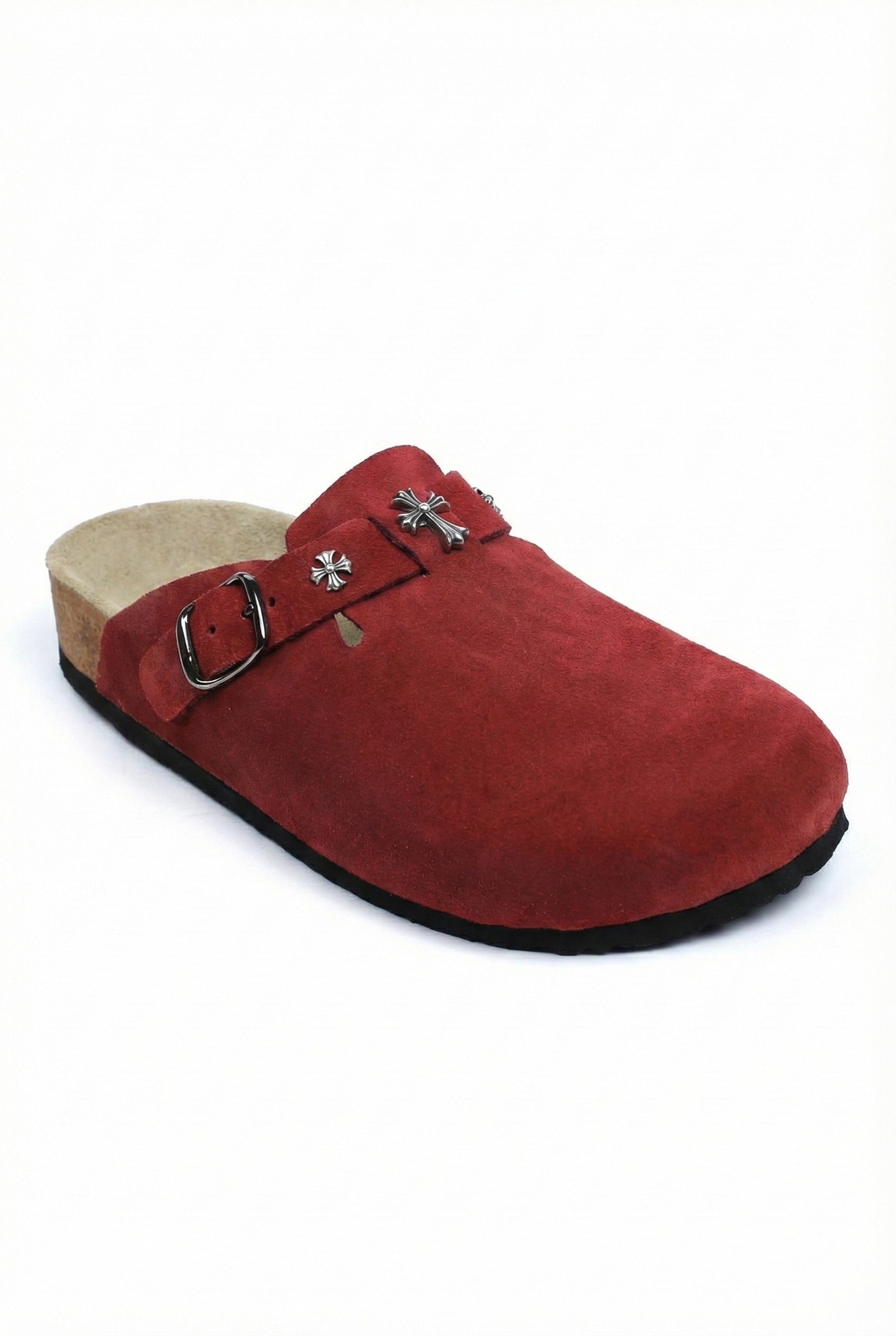 Red suede clog shoe with a buckle on a white background